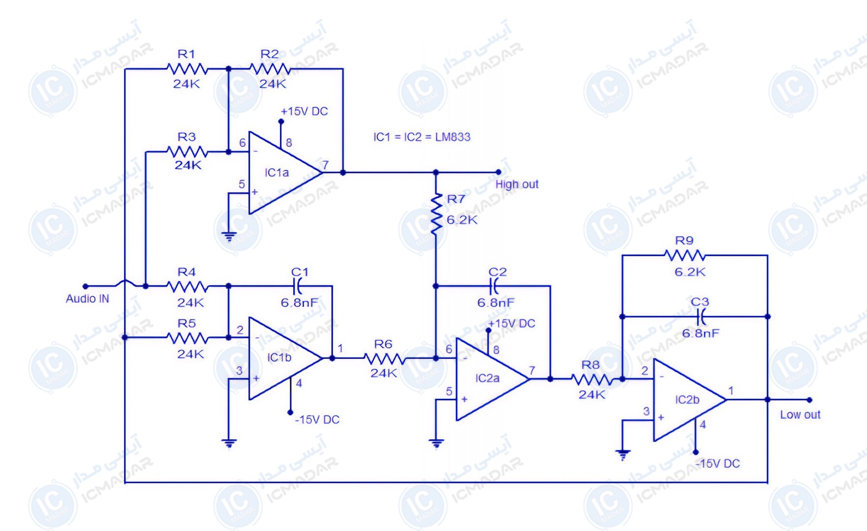 فیلتر اکتیو کراس اور با LM833