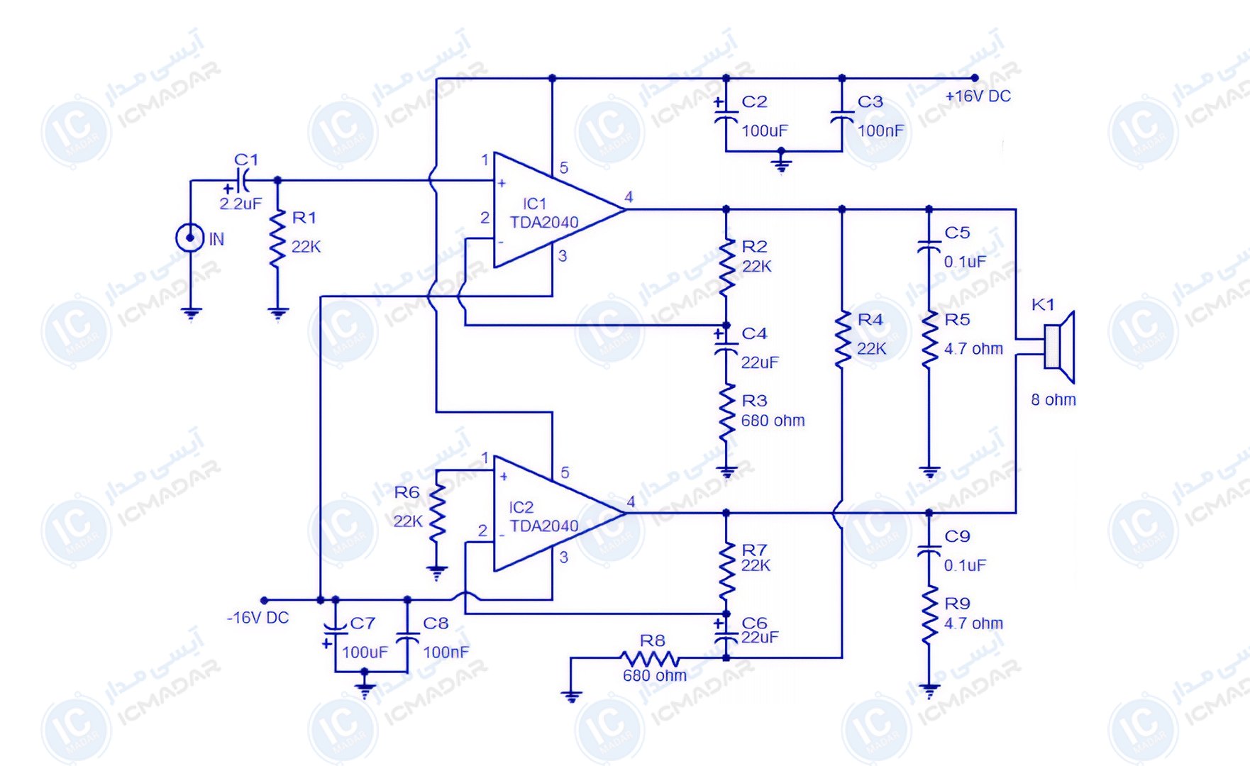تقویت کننده صوتی 30 وات با TDA2040