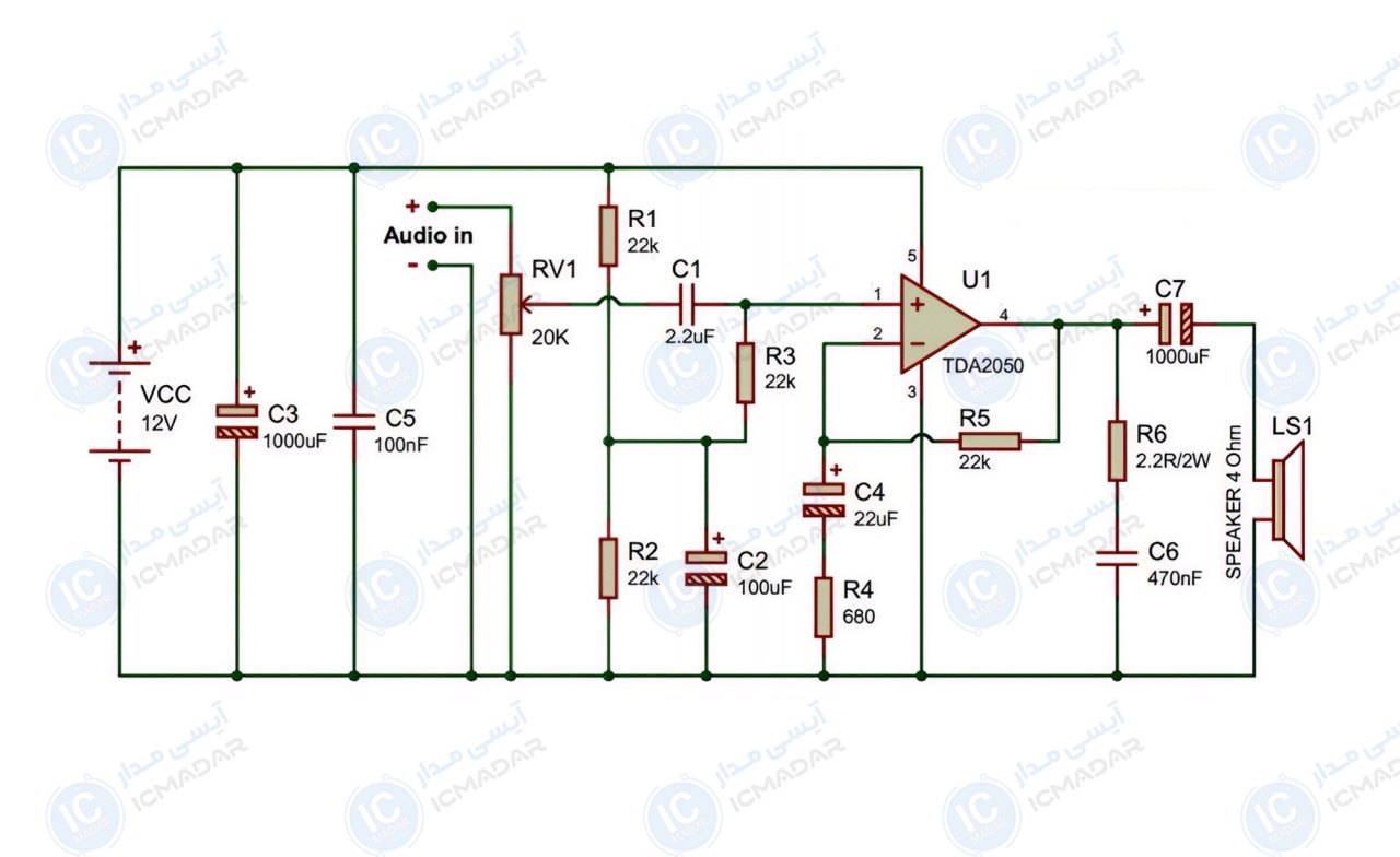 مدار آمپلی فایر 32 وات با آی سی TDA2050