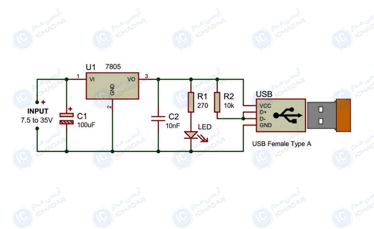 مدار شارژر موبایل ساده با خروجی USB