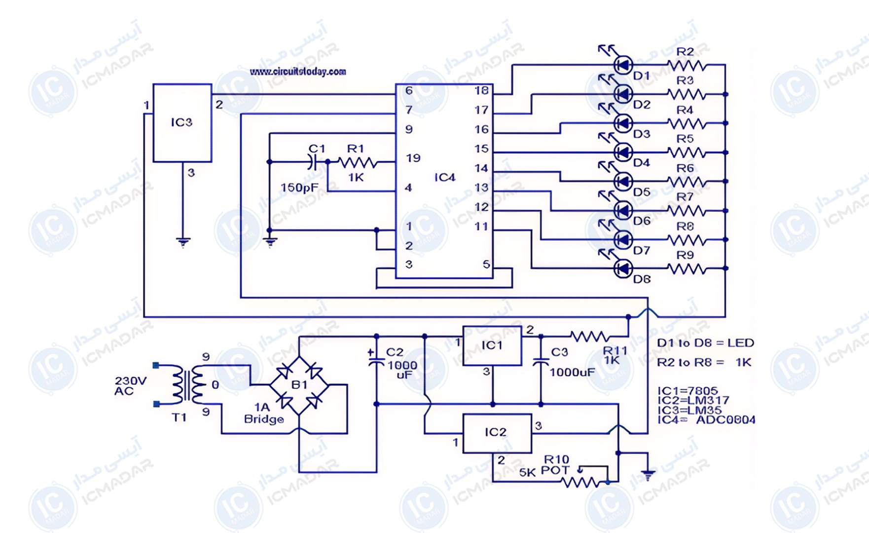 مدار سنسور دمای دیجیتال با LM35