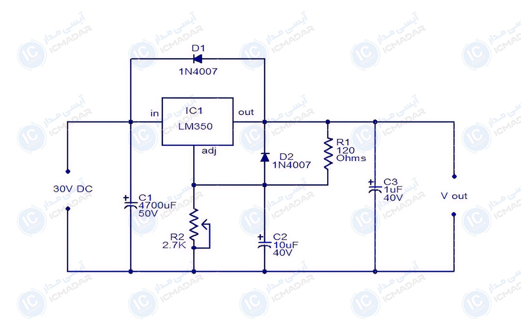 مدار منبع تغذیه متغیر 3 آمپری با LM350