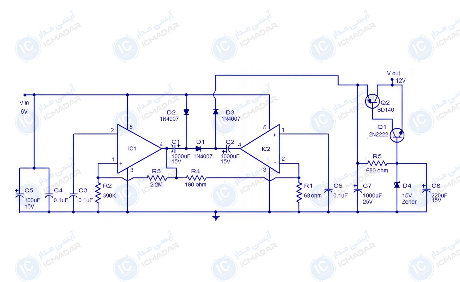 مدار مبدل 6V به 12V با TDA2003