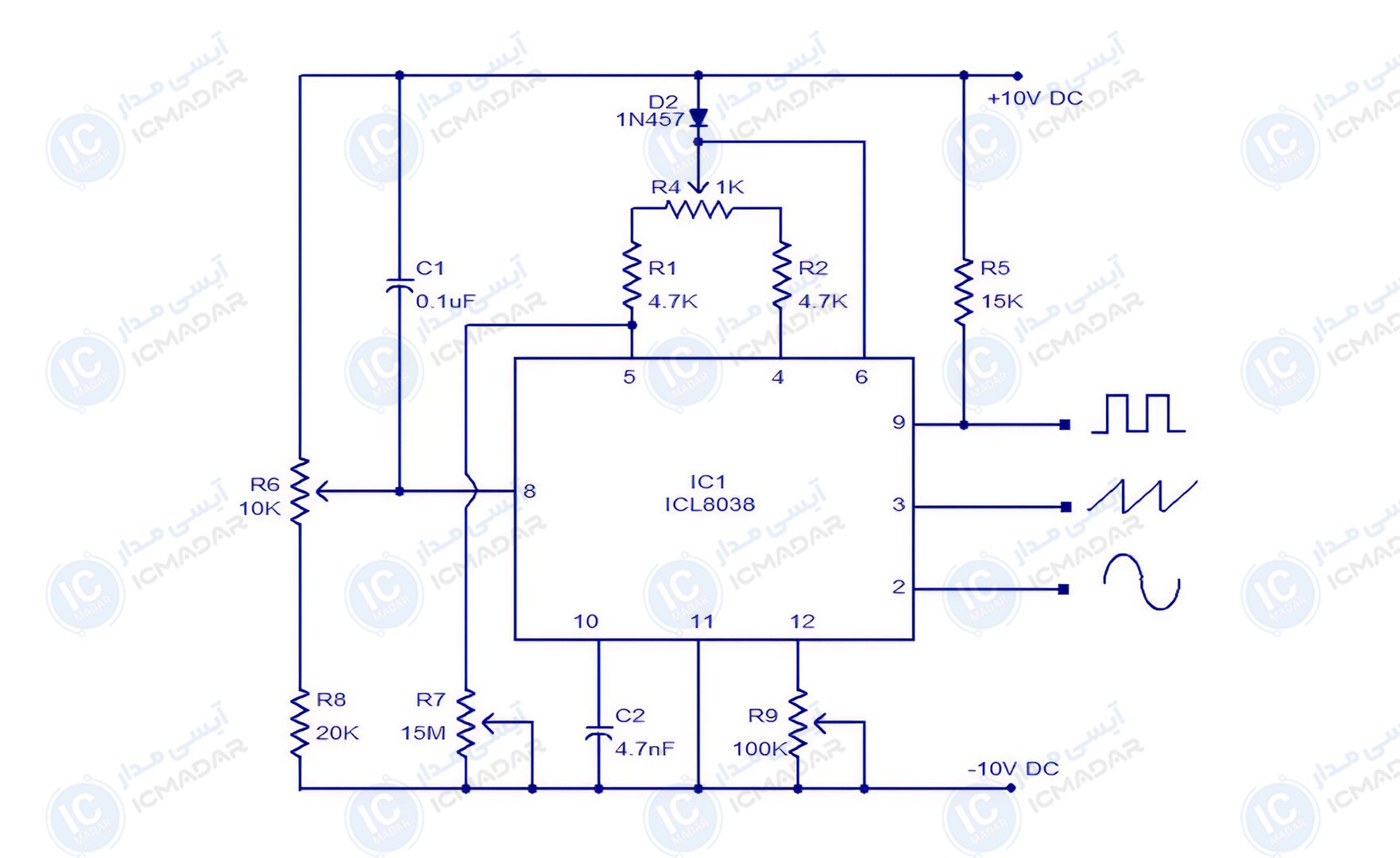 مدار اسیلاتور صوتی با ICL8038