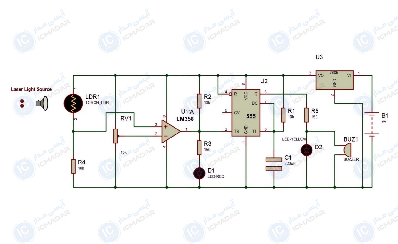 مدار دزدگیر لیزری با NE555 و LM358