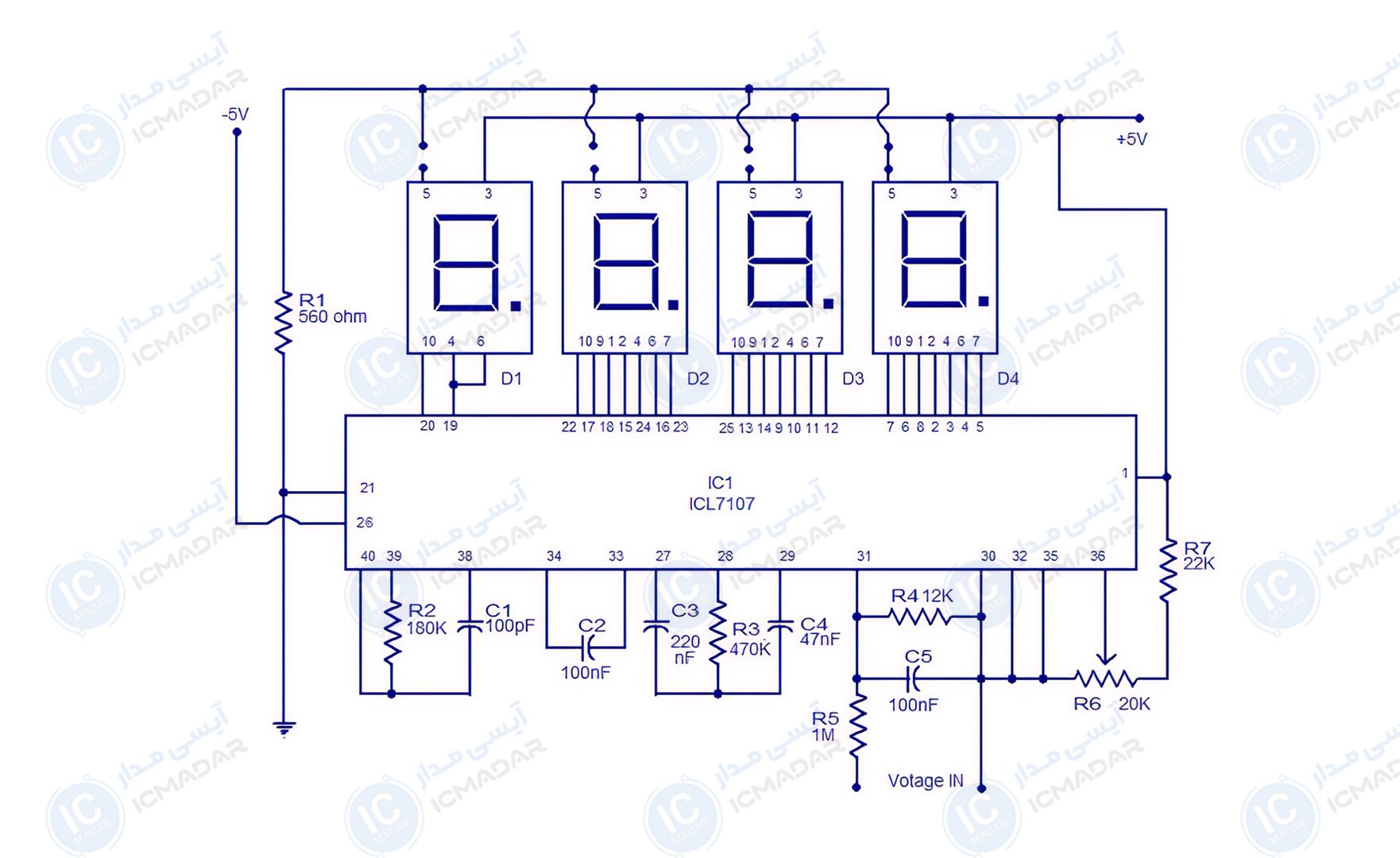 مدار ولت‌متر دیجیتال با ICL7107