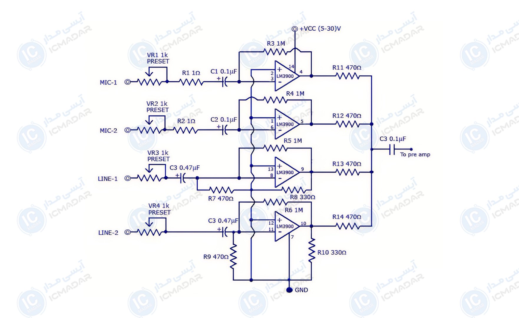 مدار میکسر صوتی چند کاناله با LM3900