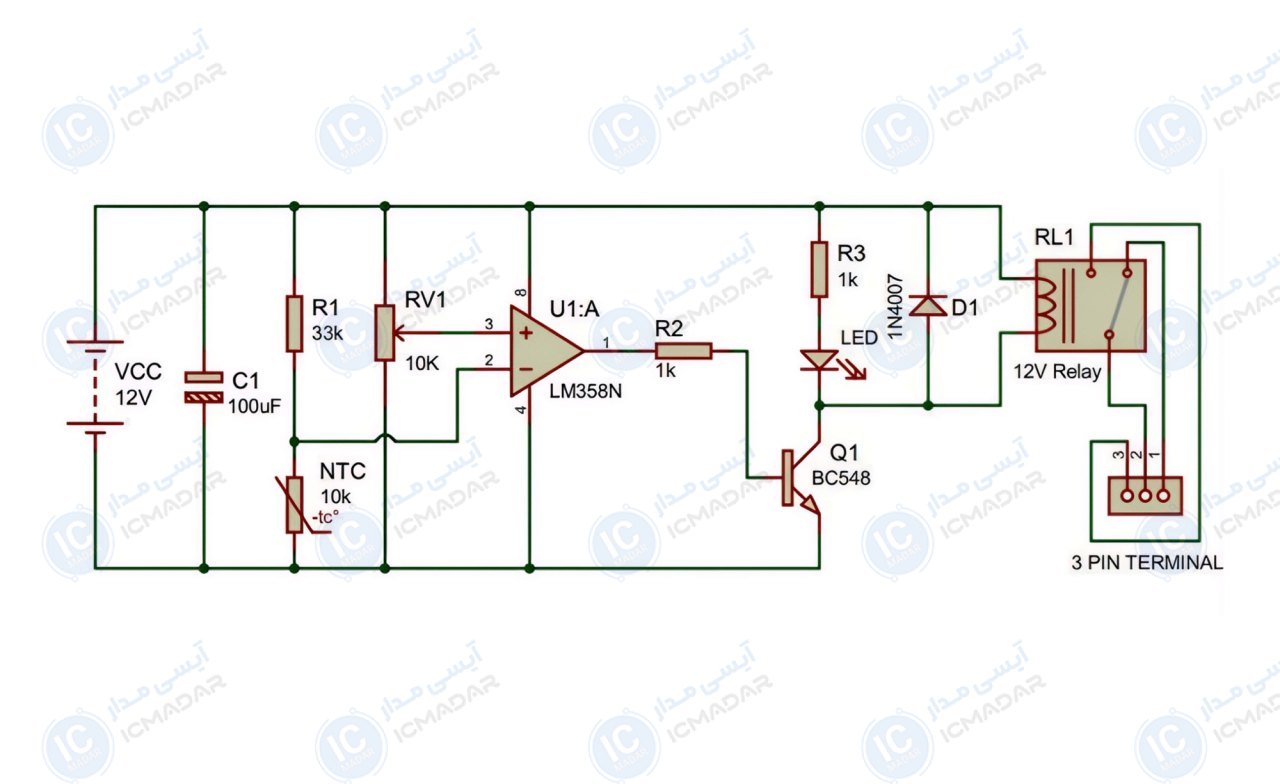 مدار تشخیص گرمای بیش از حد با آیسی LM358 و رله