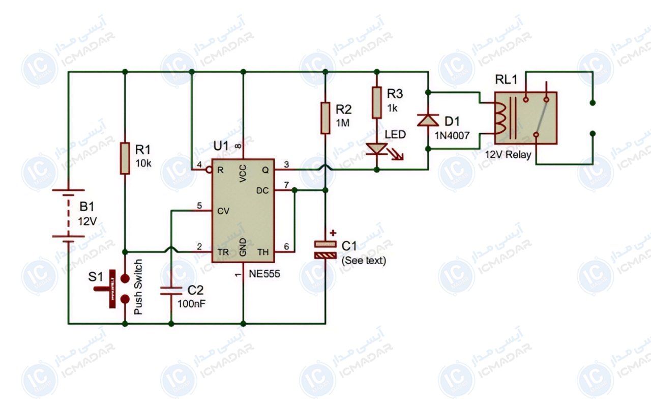 مدار تایمر تاخیر در وصل با آیسی NE555