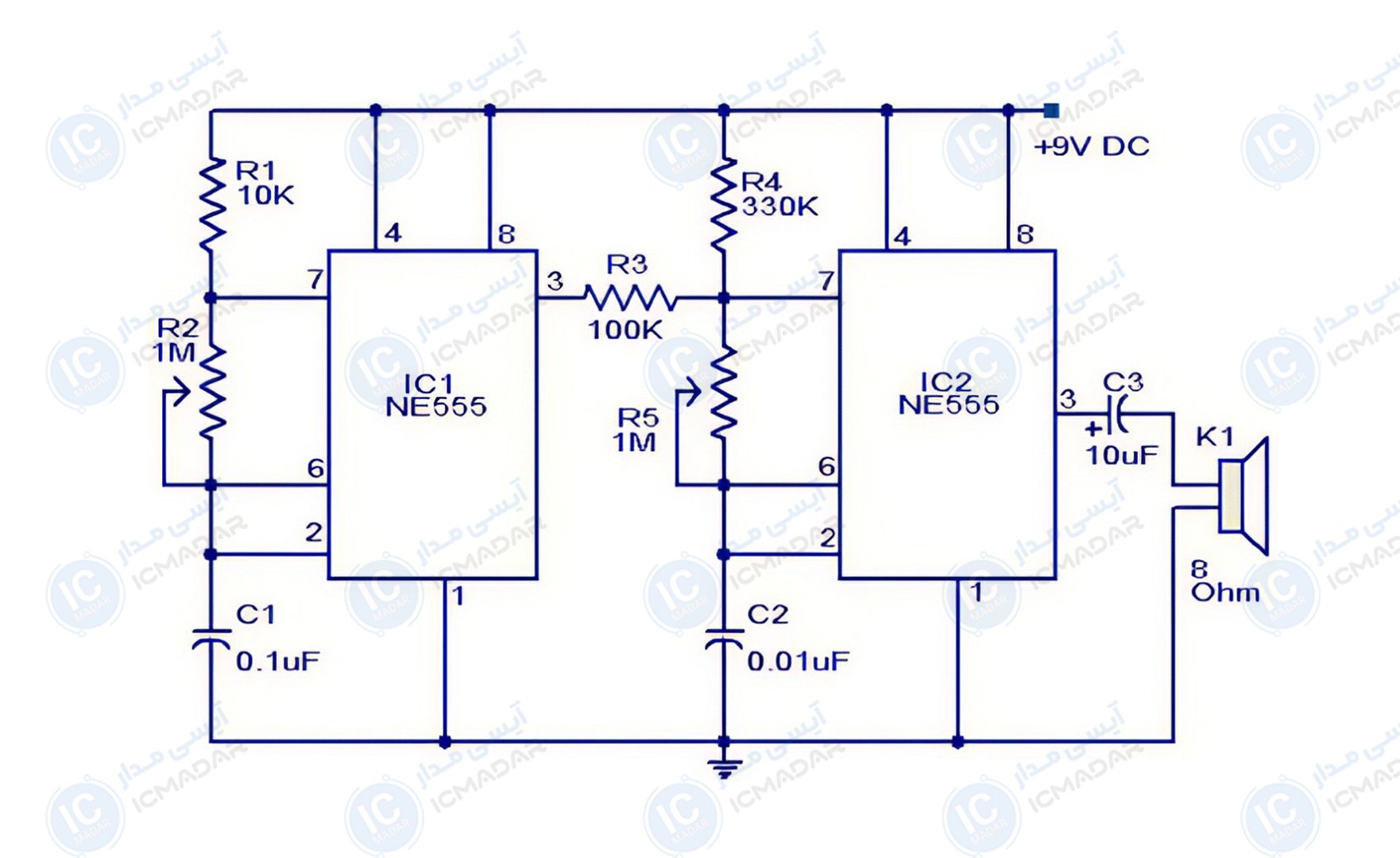 مدار بوق موسیقی با دو آیسی NE555