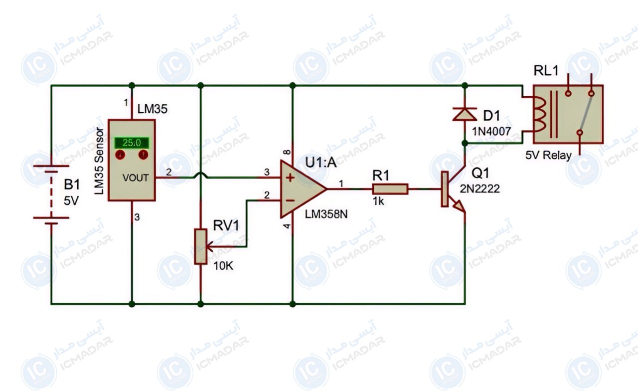 مدار ترموستات ساده با سنسور LM35 — مدار الکترونیکی