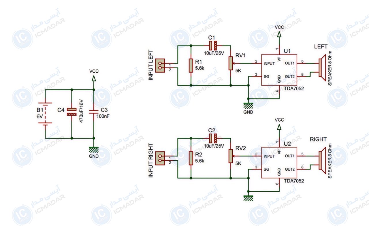 مدار آمپلی فایر استریو با آیسی TDA7052