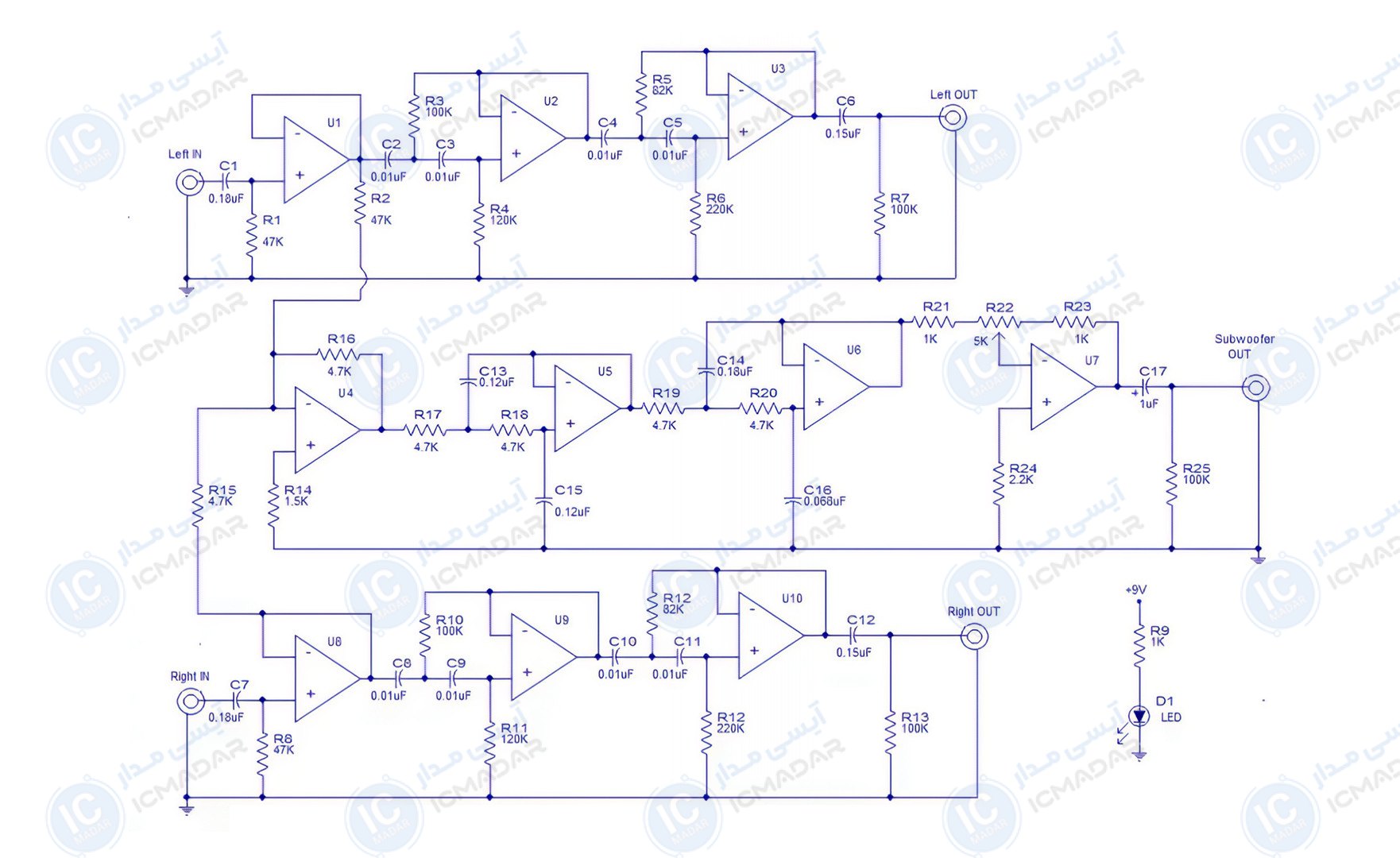 مدار فیلتر ساب‌ووفر با TL074 و TL072
