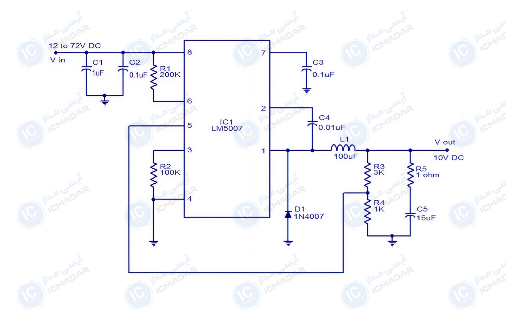 مدار رگولاتور سوییچینگ 10 ولت با LM5007
