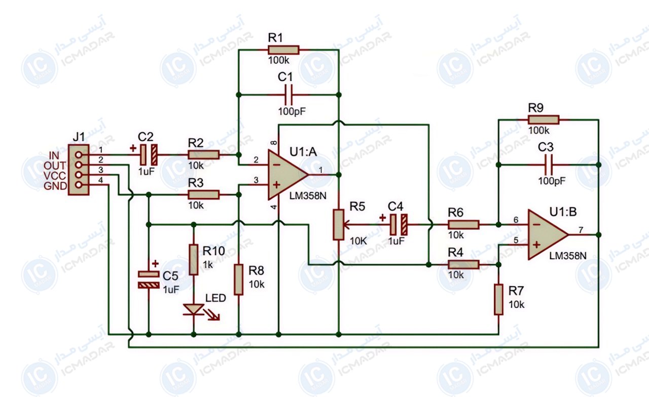 مدار ماژول آمپلی فایر LM358