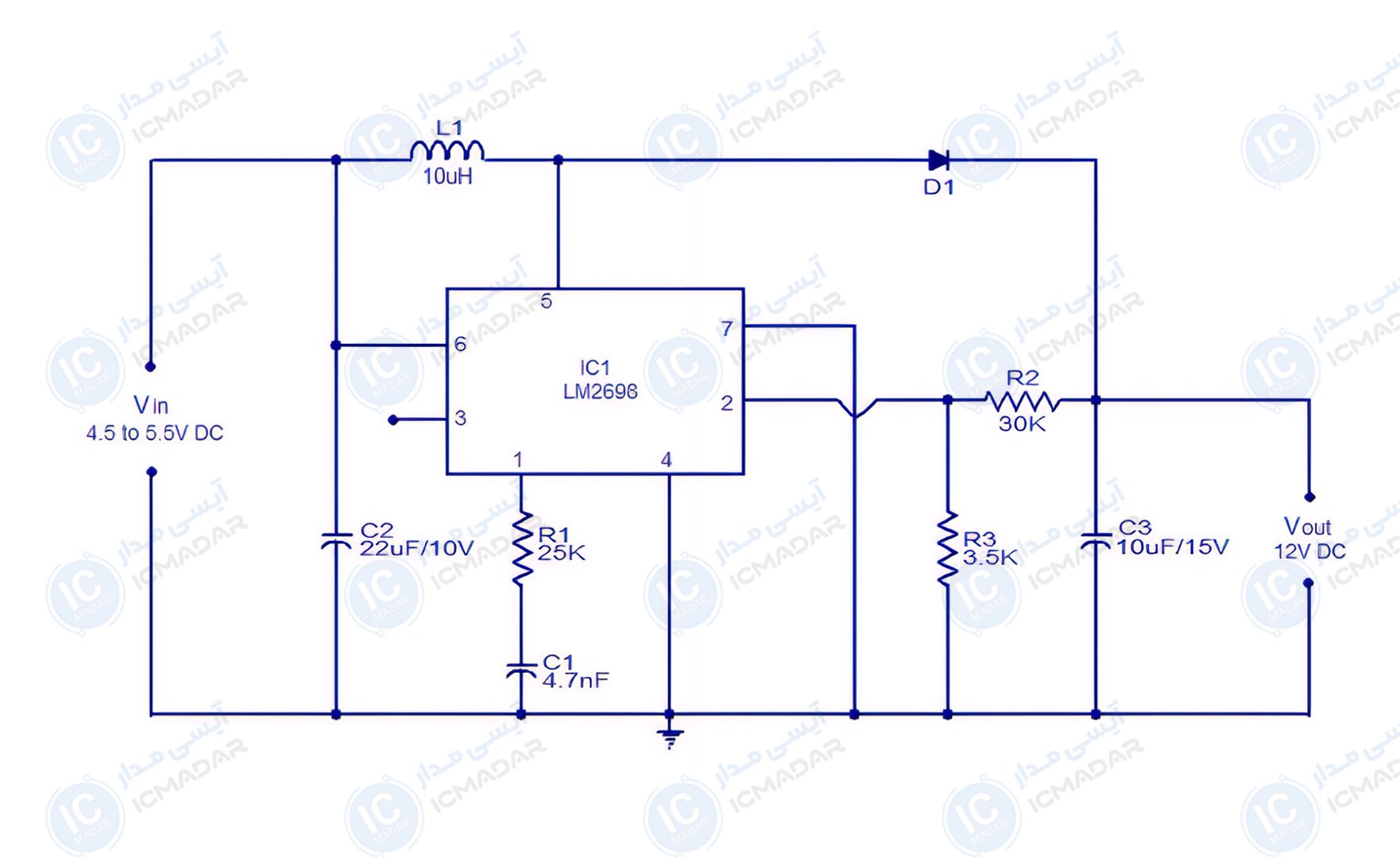 مدار مبدل افزاینده 5 به 12 ولت با LM2698
