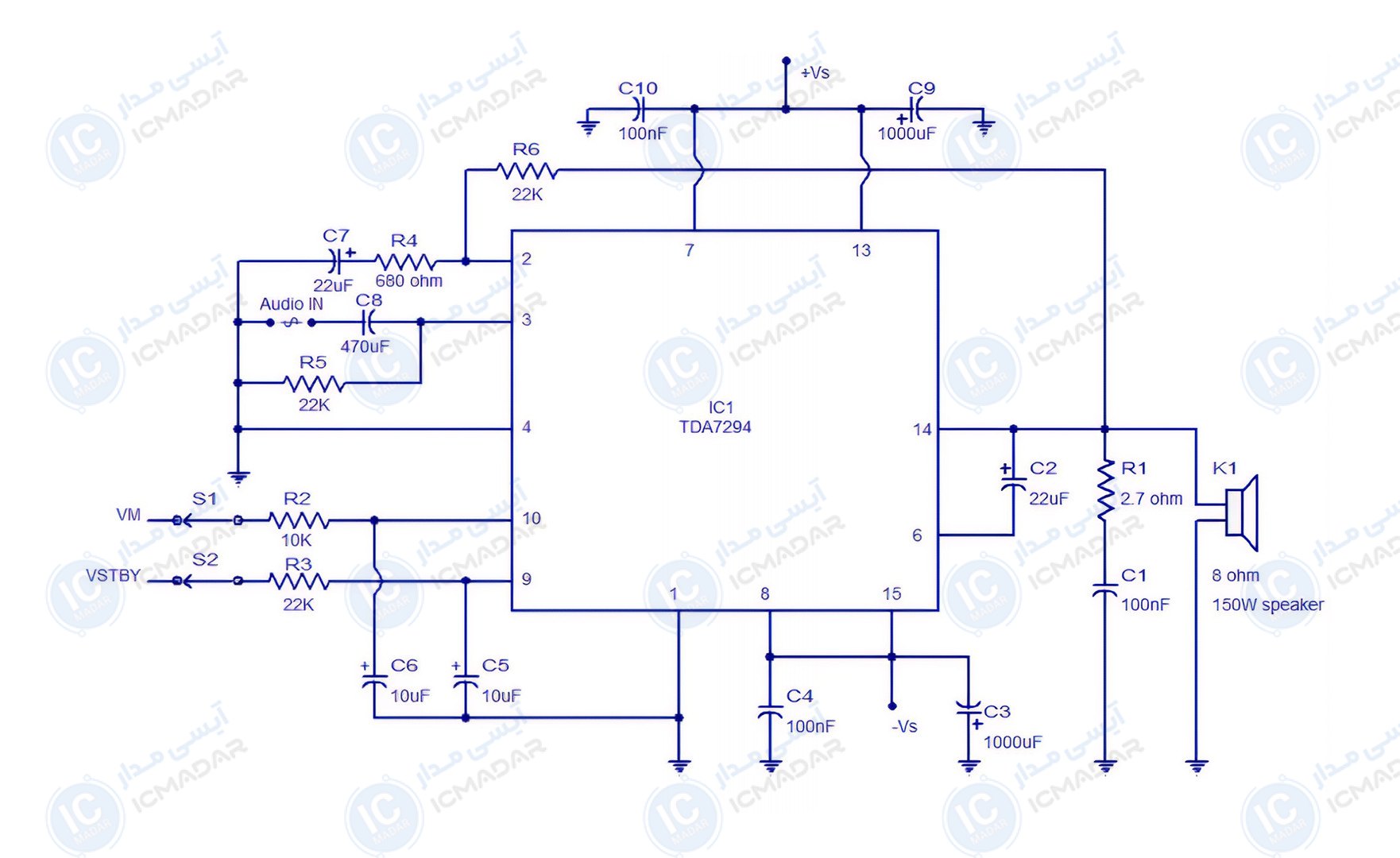 مدار تقویت‌کننده صوتی 100 وات TDA7294