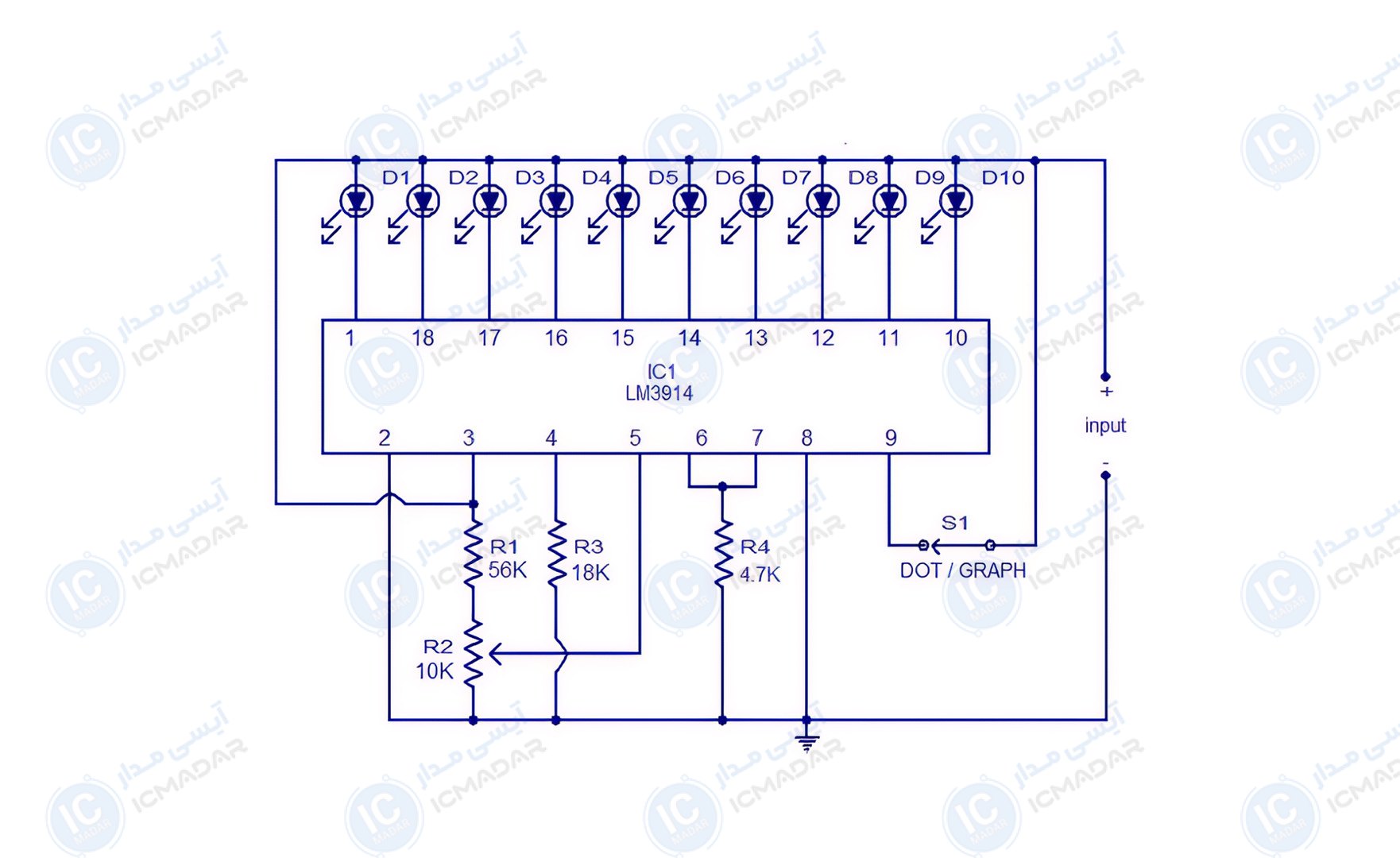 مدار نمایشگر سطح باتری لیتیوم یون با LM3914