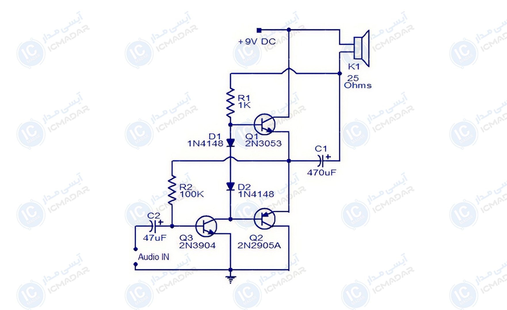 مدار تقویت‌کننده صوتی سه ترانزیستوری