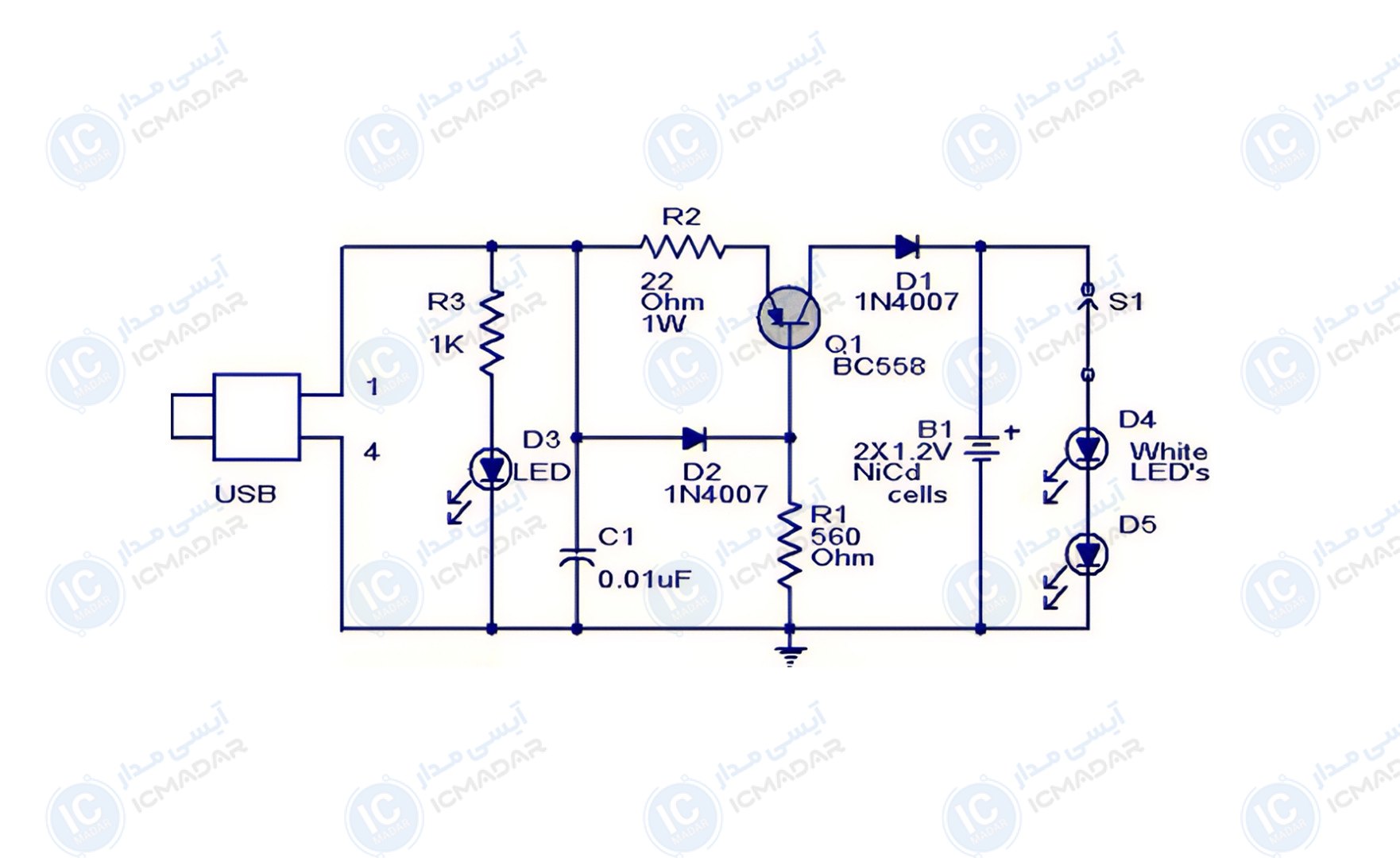 مدار چراغ ال ای دی با USB