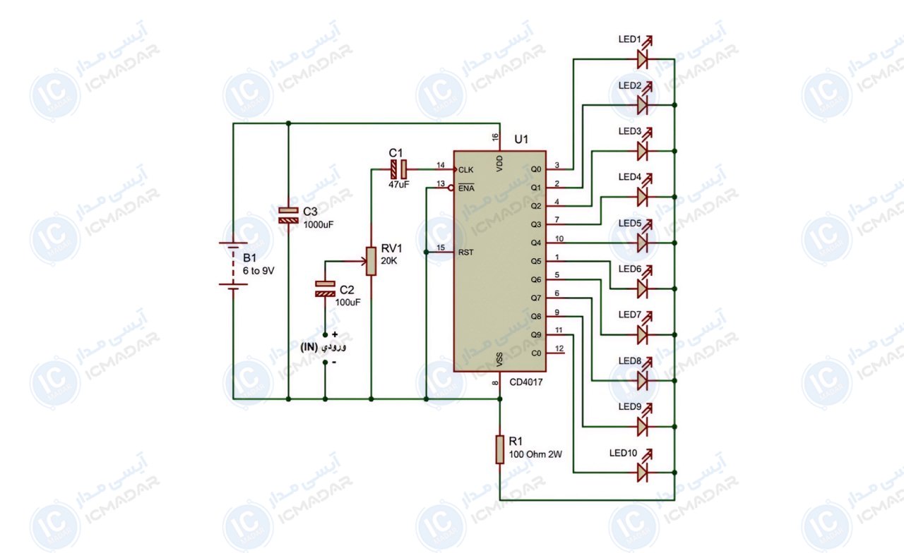 مدار رقص نور برای آمپلی‌فایر با آیسی CD4017