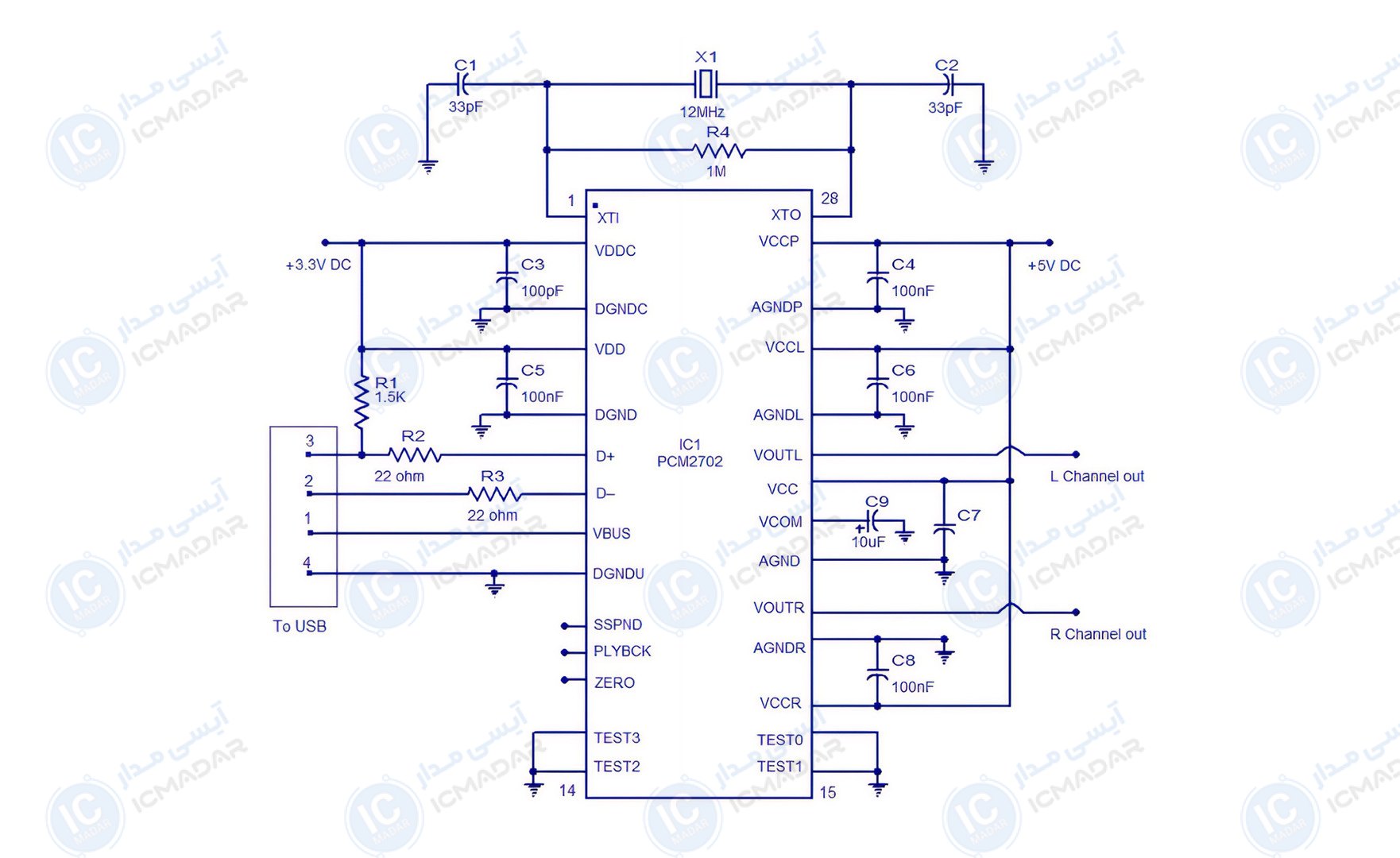 مدار کارت صدای USB با آیسی PCM2702