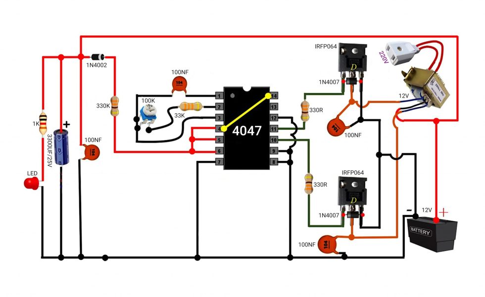 مدار مبدل 12 به 220 ولت 100 وات